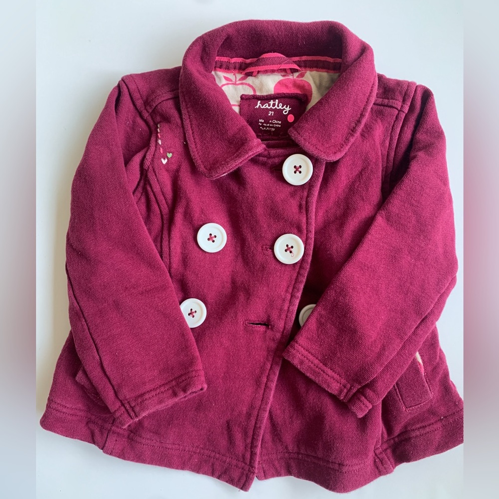 Hatley size 2T Burgundy light jacket with Apple print inside